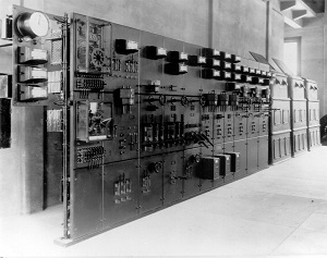 Black and white photo of a control panel 