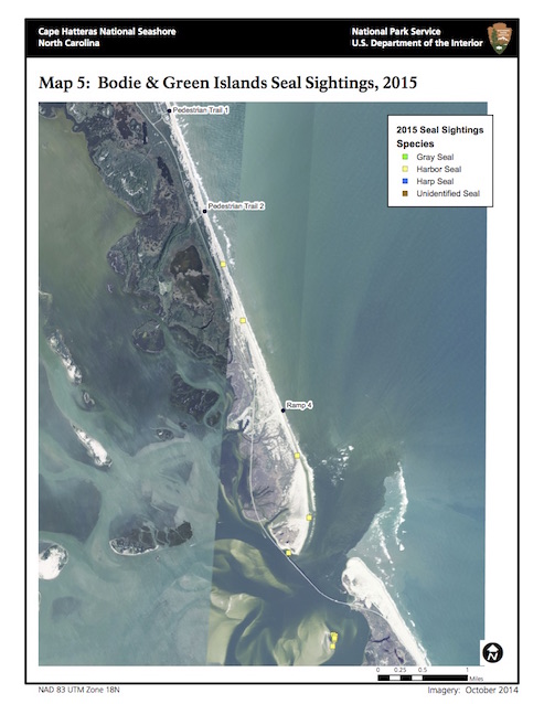 Map 5: Bodie Island and Green Island Seal Sightings, 2015