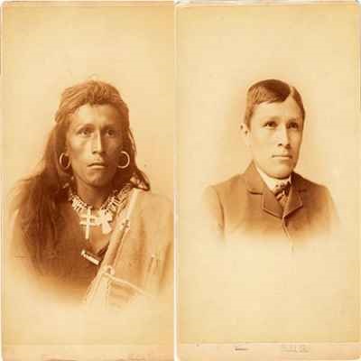 Two photos in one showing the transition of a Native American man turning into an ideal American. Two photos in one showing the transition of a Native American man turning into an ideal American.