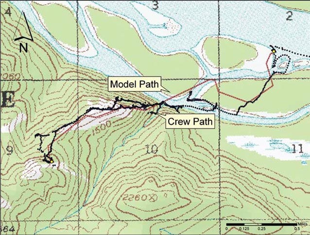 Illustration of archaeological crew’s actual path, and the computer program’s closest match.