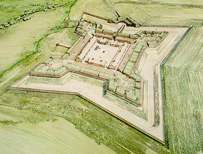 A colored sketch depicts the reconstruction of the four-cornered fort. A colored sketch depicts the reconstruction of the four-cornered fort.