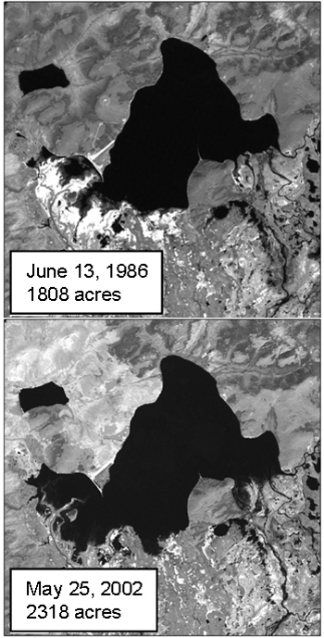Satellite images of two lakes showing increase in surface area Satellite images of two lakes showing increase in surface area