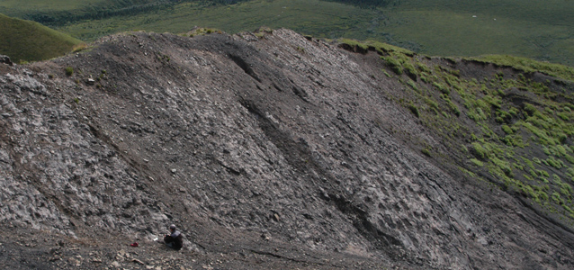 A man searches for dinosaur tracks in a rock formation A man searches for dinosaur tracks in a rock formation