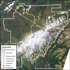 Map of Denali National park with yellow lines and dots showing beaver habitats Map of Denali National park with yellow lines and dots showing beaver habitats