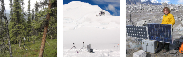 three photos of trees, a glacier, and rocky landscape with microphones