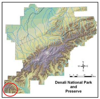 map of Denali National Park and Preserve pinpointing Kichatna Mountains with a red circle map of Denali National Park and Preserve pinpointing Kichatna Mountains with a red circle