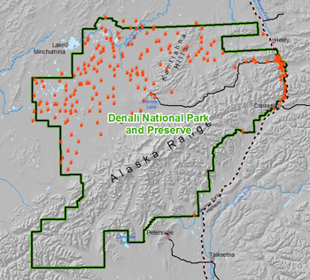 map of Denali National Park and Preserve shows fires are most common in NW part of park map of Denali National Park and Preserve shows fires are most common in NW part of park