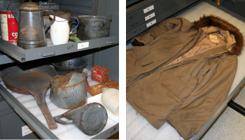 historical artifacts, cookware and a winter coat