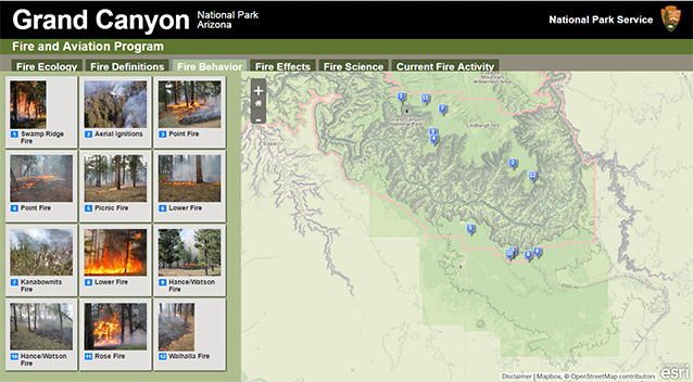 Story Map highlighting pictures of different types of fire behavior