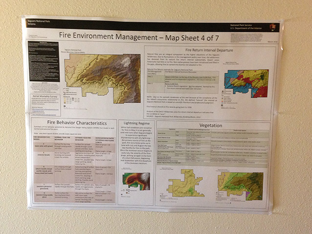 map sheet with photos and text explaining the fire environment at Saguaro National Park