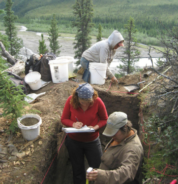 four people record findings at an archaeological dig site four people record findings at an archaeological dig site