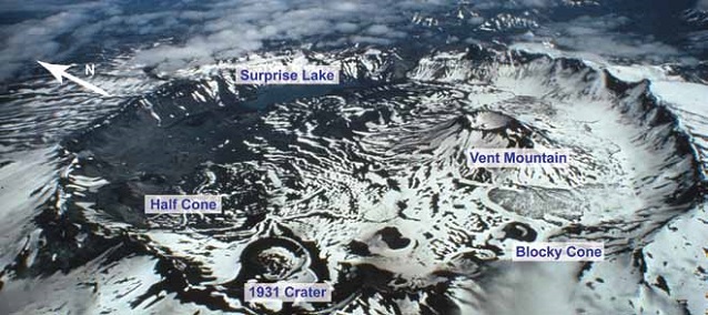 Aerial view of a snow-covered crater