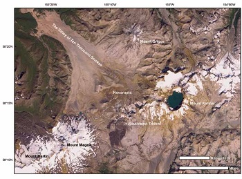 satellite photo of volcanoes in Katmai National Park and Preserve