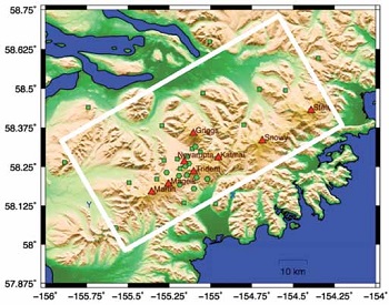 map of seismic stations in Katmai area, marked by green dots map of seismic stations in Katmai area, marked by green dots