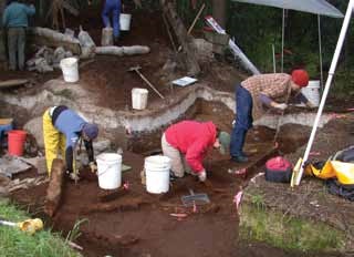 three people look at a layer of white ash in a cross-section of soil