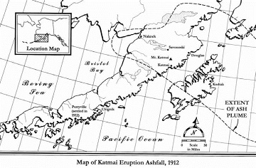 map of Alaska Peninsula showing ashfall range from Mt. Katmai