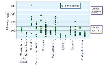 graph showing the levels of mercury in Denali fish vs. fish in other national parks graph showing the levels of mercury in Denali fish vs. fish in other national parks