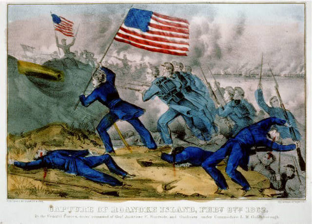 Contemporary depiction of Union charge at Roanoke Island, February 1862. Contemporary depiction of Union charge at Roanoke Island, February 1862.