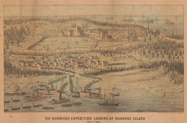 Contemporary depiction of the Union fleet landing at Roanoke Island, February 1862.