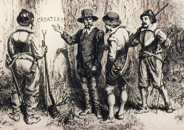 John White and others viewing "Croatoan" carving on palisade. John White and others viewing "Croatoan" carving on palisade.