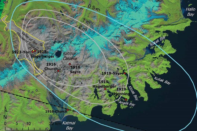 map of the valley of ten thousand smokes with locations of repeat photos marked by white dots