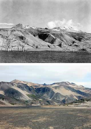 two photos comparing a flat valley with mountains in the background