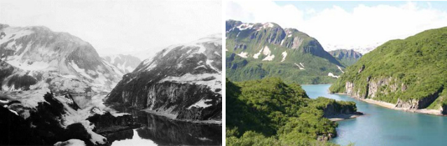 two photos comparing a mountainous bay with and without volcanic ash two photos comparing a mountainous bay with and without volcanic ash