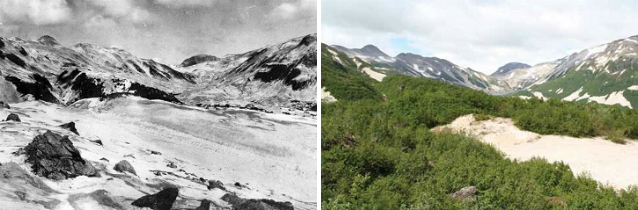 two photos showing an increase in shrub cover in a mountainous valley over time two photos showing an increase in shrub cover in a mountainous valley over time