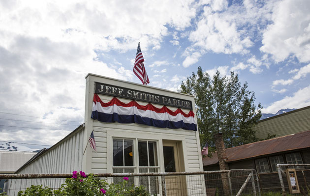 Jeff. Smith Parlor decorated with American flags and red, white, and blue bunting. 