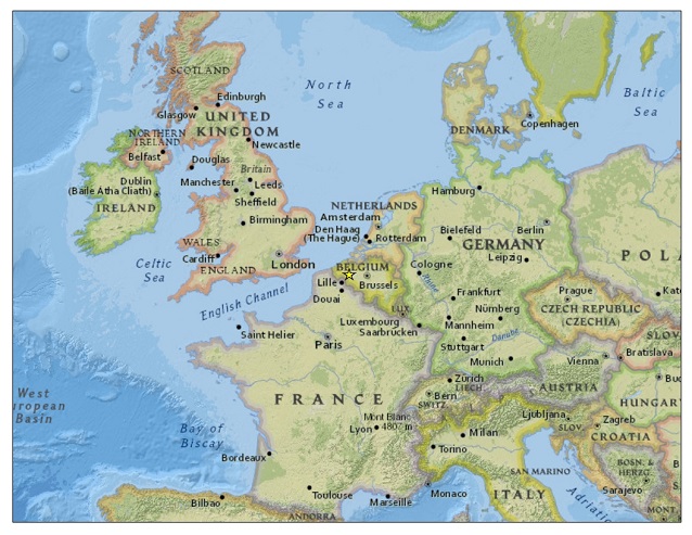 Blue and green map of Europe with a yellow star in Belgium.