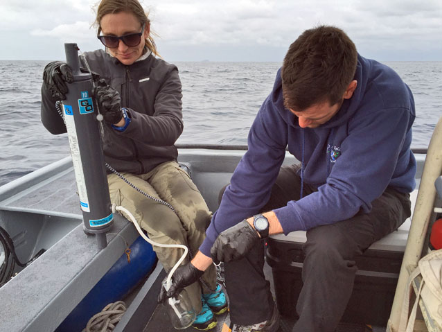 Two scientists work together to collect an early morning water sample from a boat offshore.