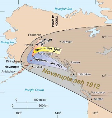 Alaska map showing the range of ash from large volcanic eruptions Alaska map showing the range of ash from large volcanic eruptions