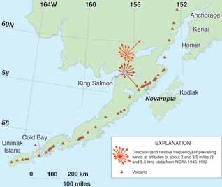 map of the Aleutian Peninsula showing direct of winds in different locations