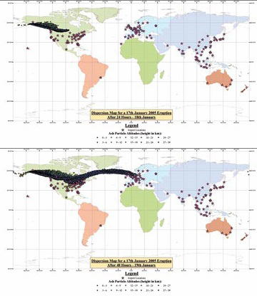 world maps show ash cloud dispersal throughout globe after eruption