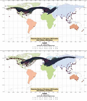 world maps show ash cloud dispersal throughout globe after eruption