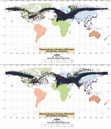 world maps show ash cloud dispersal throughout globe after eruption