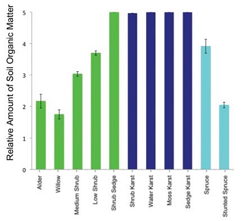 bar graph showing the most amount of soil organic matter in the thermokarst landcovers