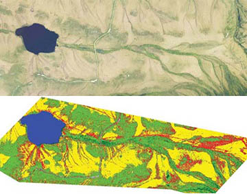 a satellite image and colored map classifying landcovers around a lake and watershed