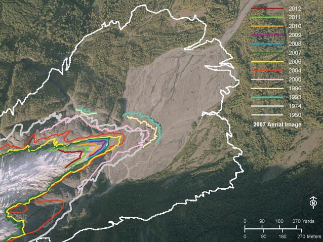 satellite map of a glacier with lines drawn to indicate its shrinkage over the past sixty years