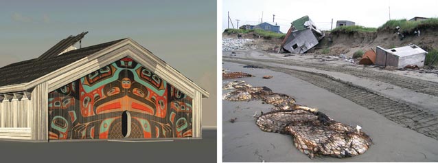 drawing of a house and photo of houses collapsing in a coastal area overlooking a beach