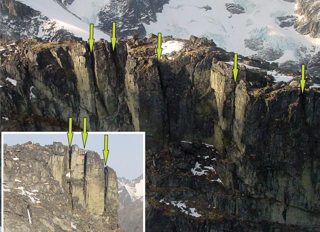 arrows superimposed on images of cliff faces on mountainsides arrows superimposed on images of cliff faces on mountainsides