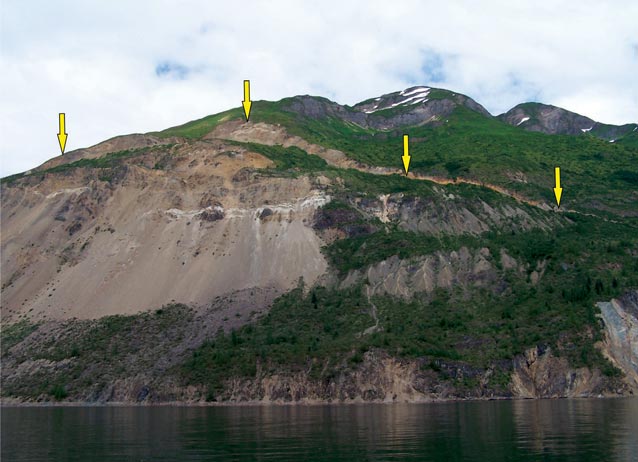 arrows superimposed on a mountain, pointing at a steep hillside arrows superimposed on a mountain, pointing at a steep hillside