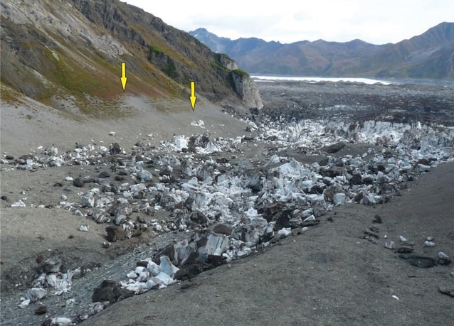 chunks of ice in a dry valley between mountains