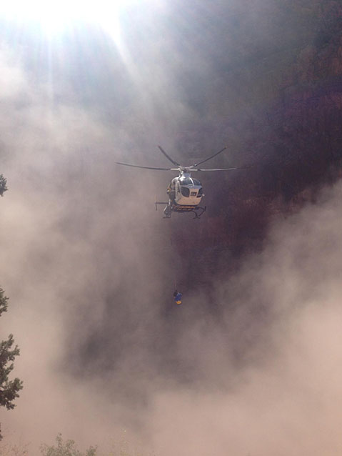Helicopter flying in smoke