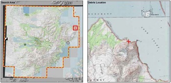 two maps showing the location of aircraft debris with a red plus sign