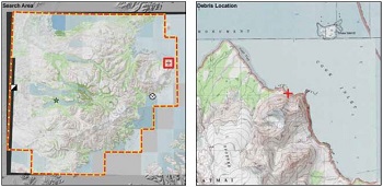 two maps showing the location of aircraft debris with a red plus sign two maps showing the location of aircraft debris with a red plus sign