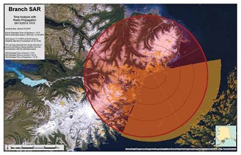 satellite map showing possible distances traveled in five minutes using a red circle