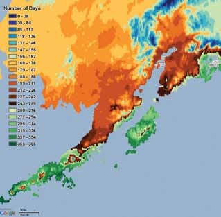 colorful map of Alaska showing length of unfrozen season in different regions