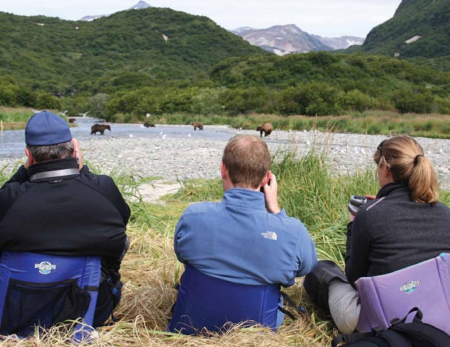 three people sit watching brown bears in the distance three people sit watching brown bears in the distance
