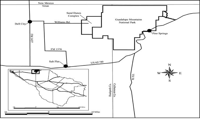 Map of sand dune locations in Guadalupe Mountains National Park